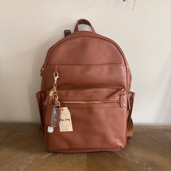 NWT Miss Fong Diaper Bag Back Pack Brown Faux Leather - Picture 1 of 8
